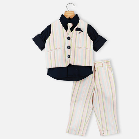 Peach Striped Printed Waistcoat With Navy Blue Shirt & Pant